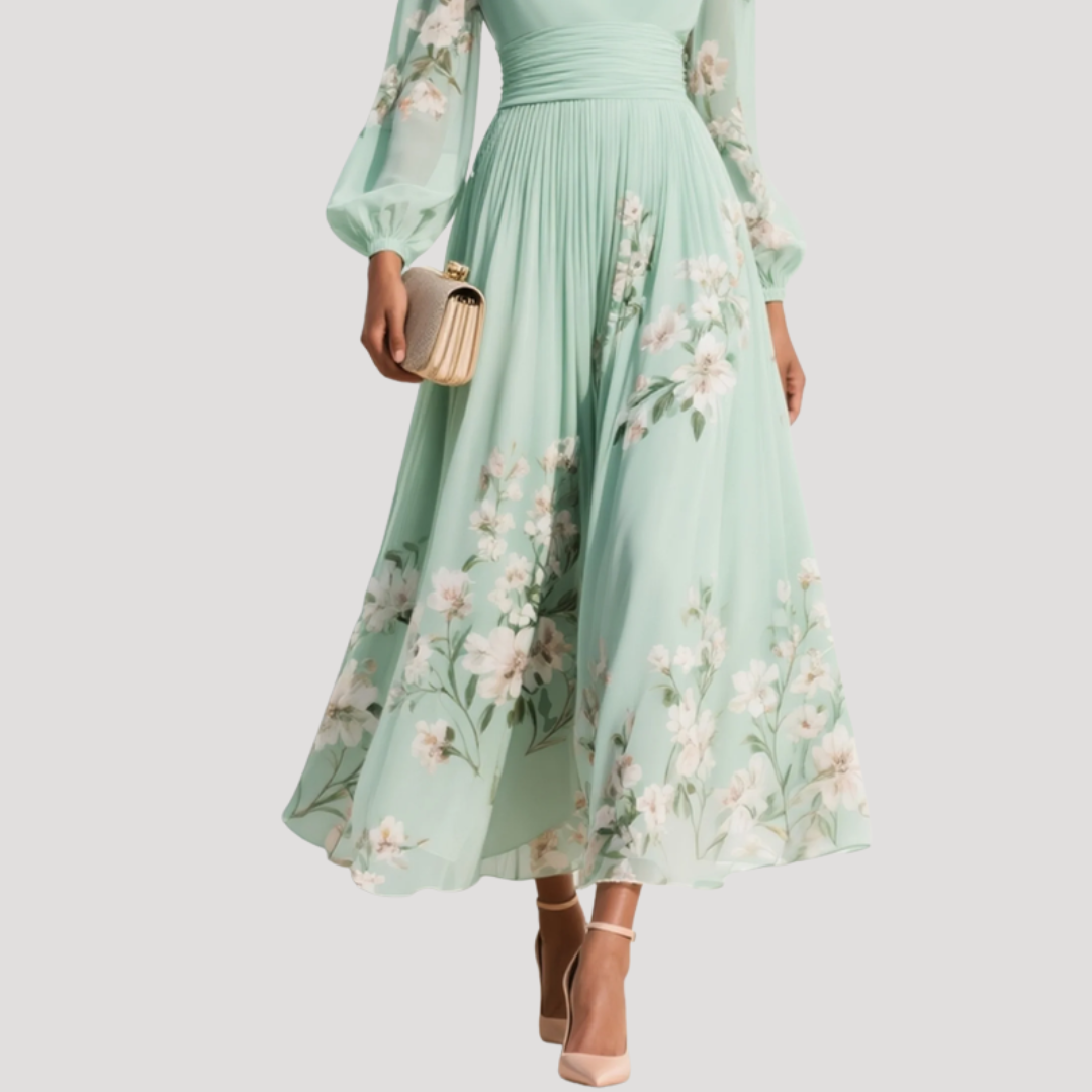 Octavia | Robe Midi à Fleurs à Manches Longues et Décolleté en V pour Femme