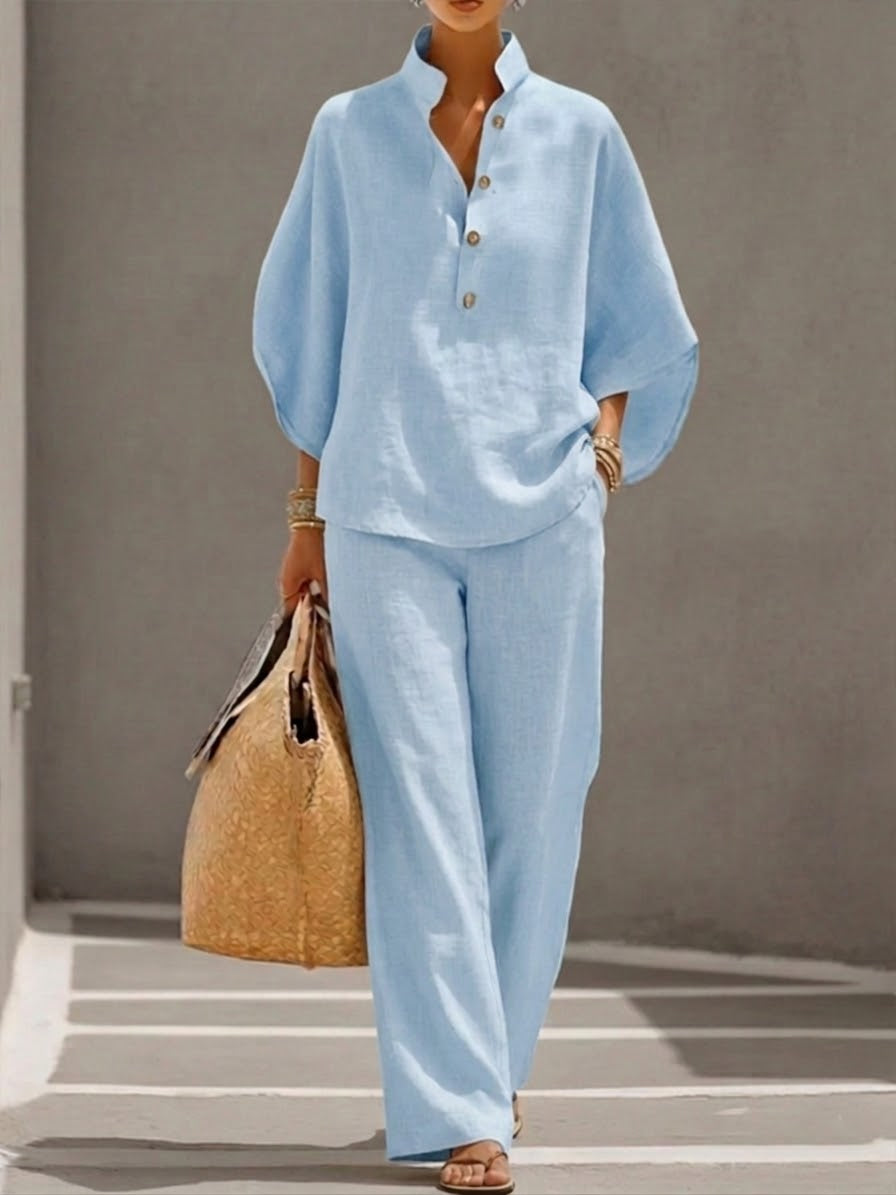 Ensemble femme coton-lin avec haut ample et pantalon large