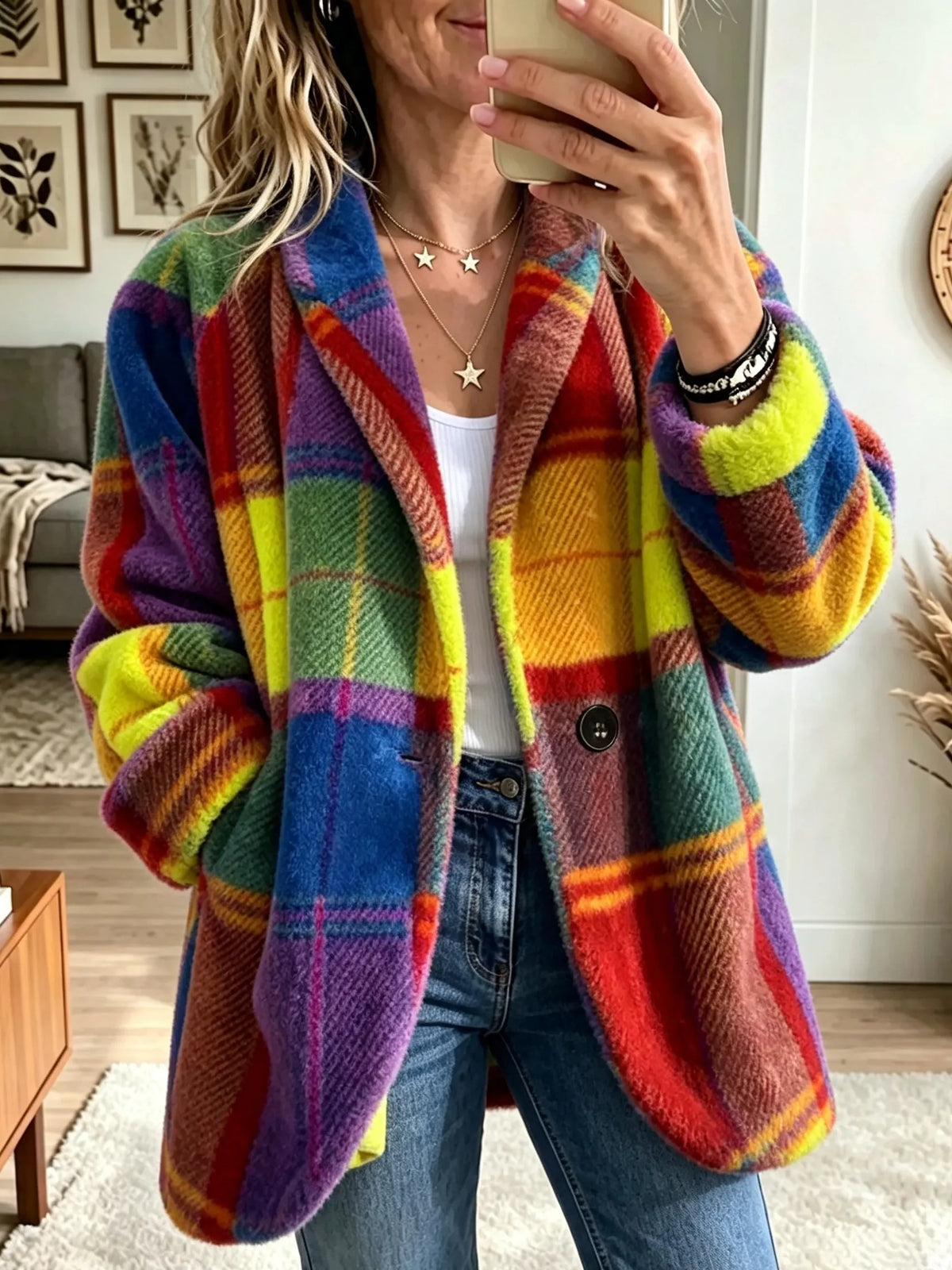 Manteau pour femmes avec poches et boutons, motif à carreaux, manches longues