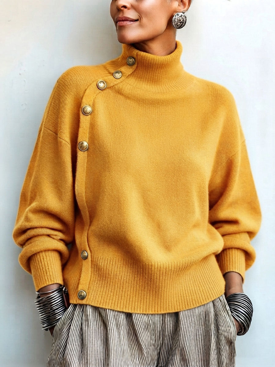 Pull femme à col roulé asymétrique boutonné élégant