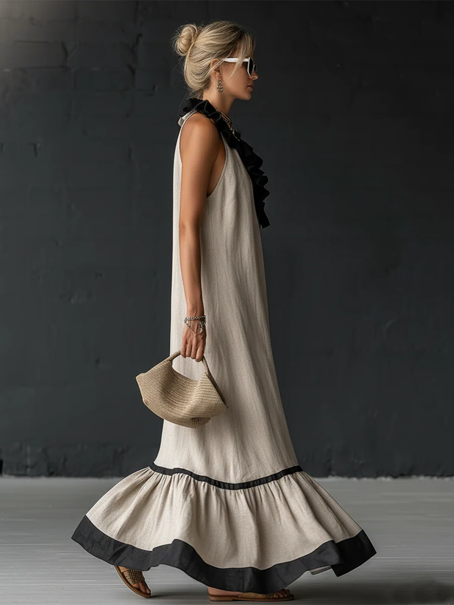 Robe maxi sans manches pour femmes avec poches et ourlet à volants