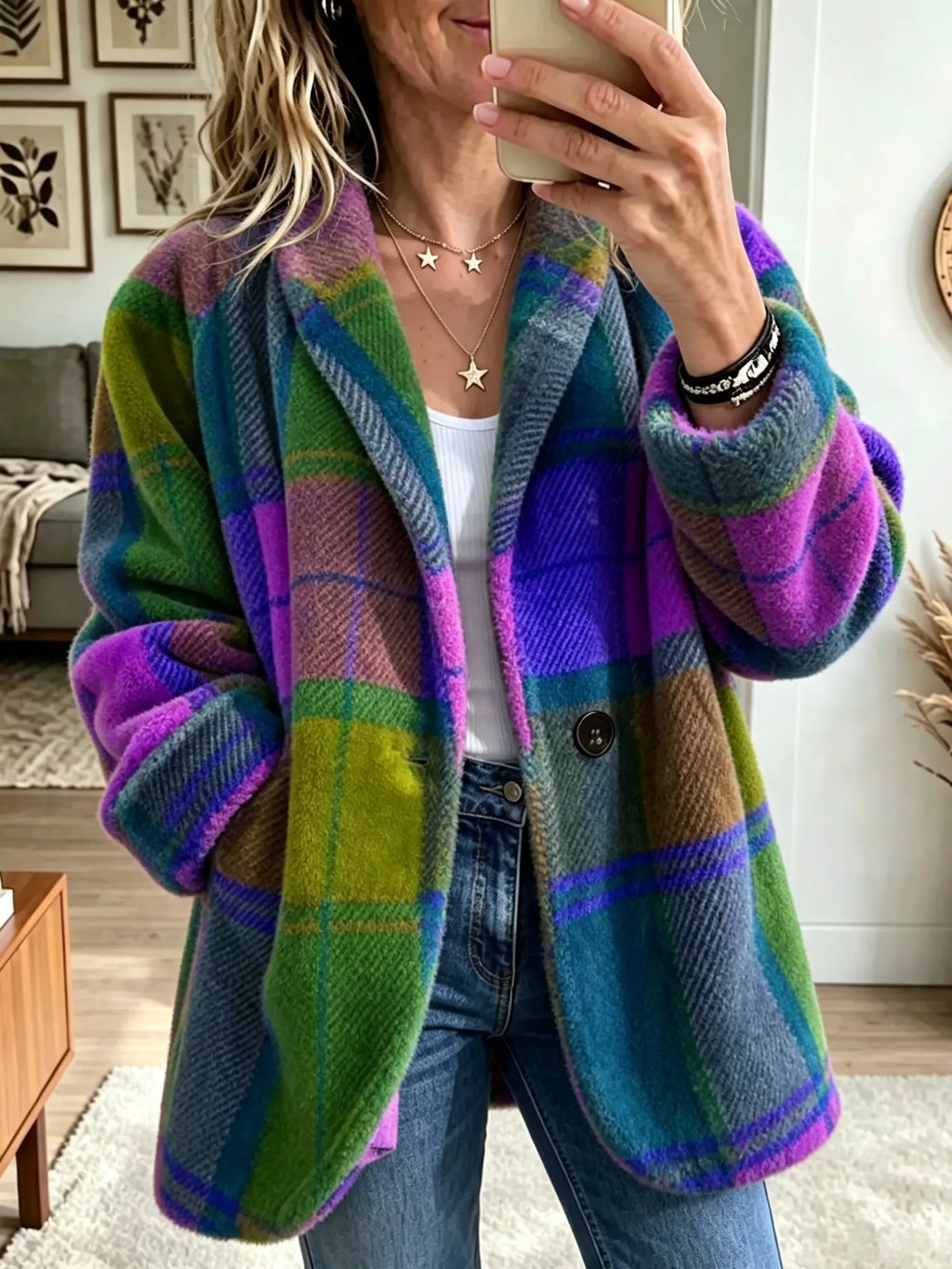 Manteau pour femmes avec poches et boutons, motif à carreaux, manches longues