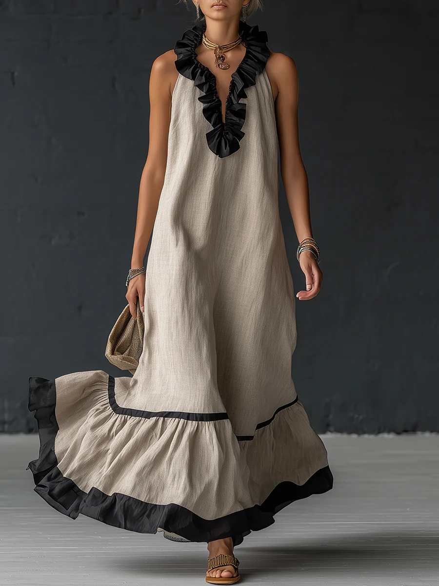 Robe maxi sans manches pour femmes avec poches et ourlet à volants