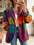 Manteau pour femmes avec poches et boutons, motif à carreaux, manches longues