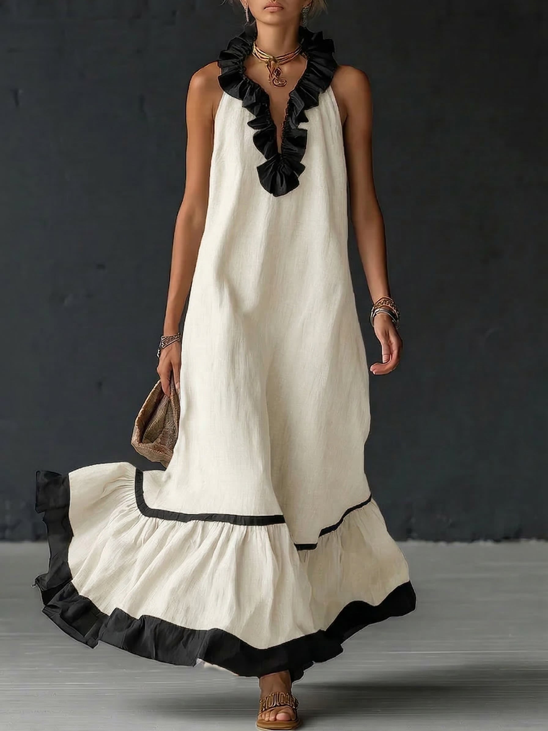 Robe maxi sans manches pour femmes avec poches et ourlet à volants