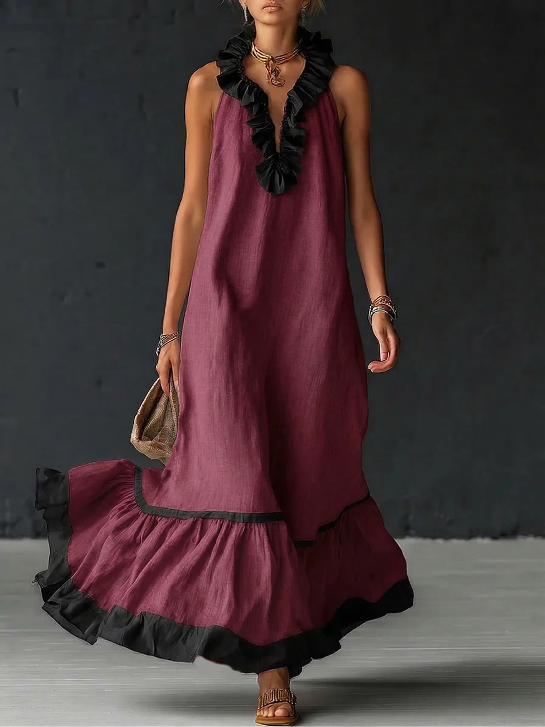 Robe maxi sans manches pour femmes avec poches et ourlet à volants