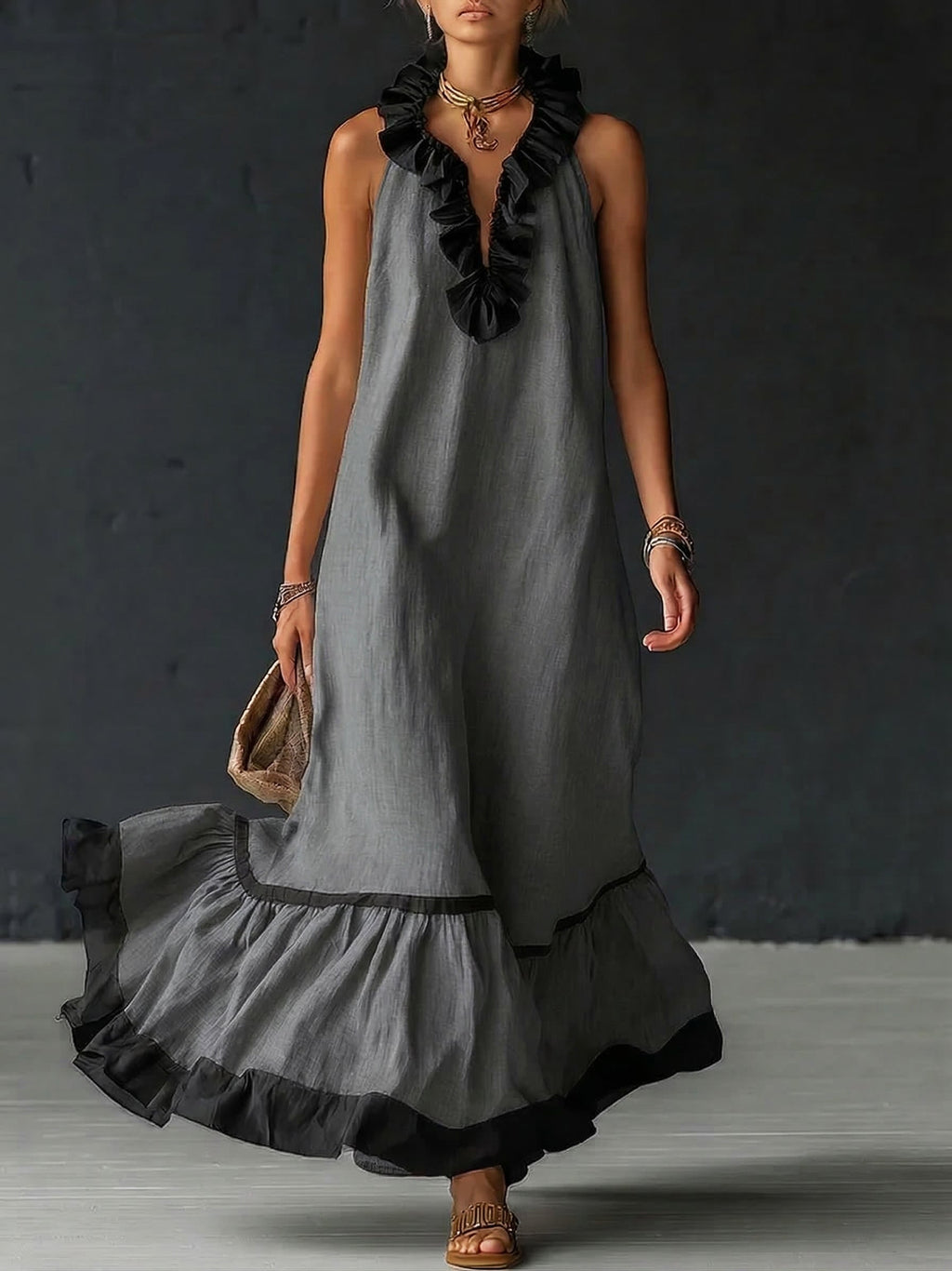 Robe maxi sans manches pour femmes avec poches et ourlet à volants