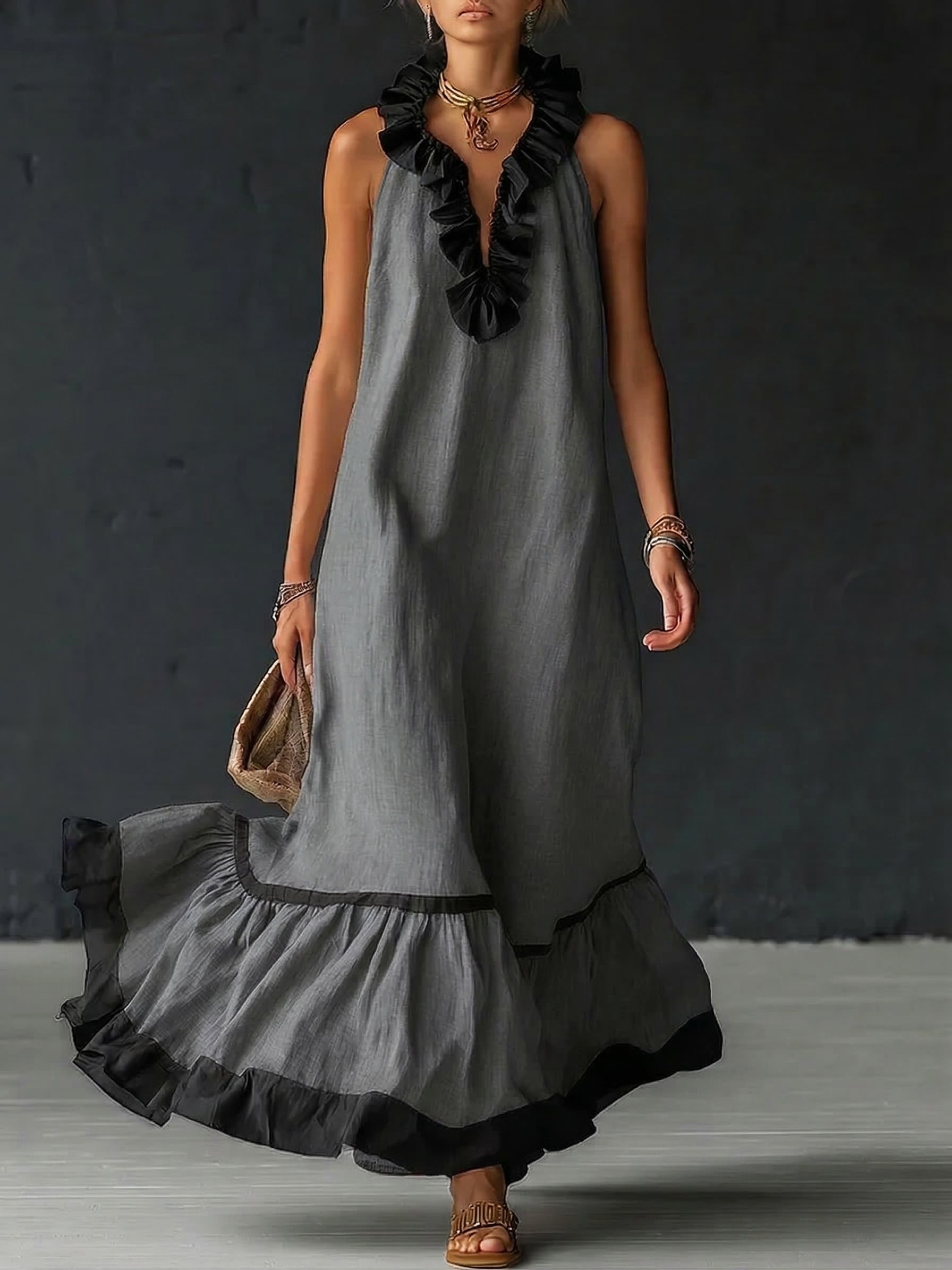 Robe maxi sans manches pour femmes avec poches et ourlet à volants