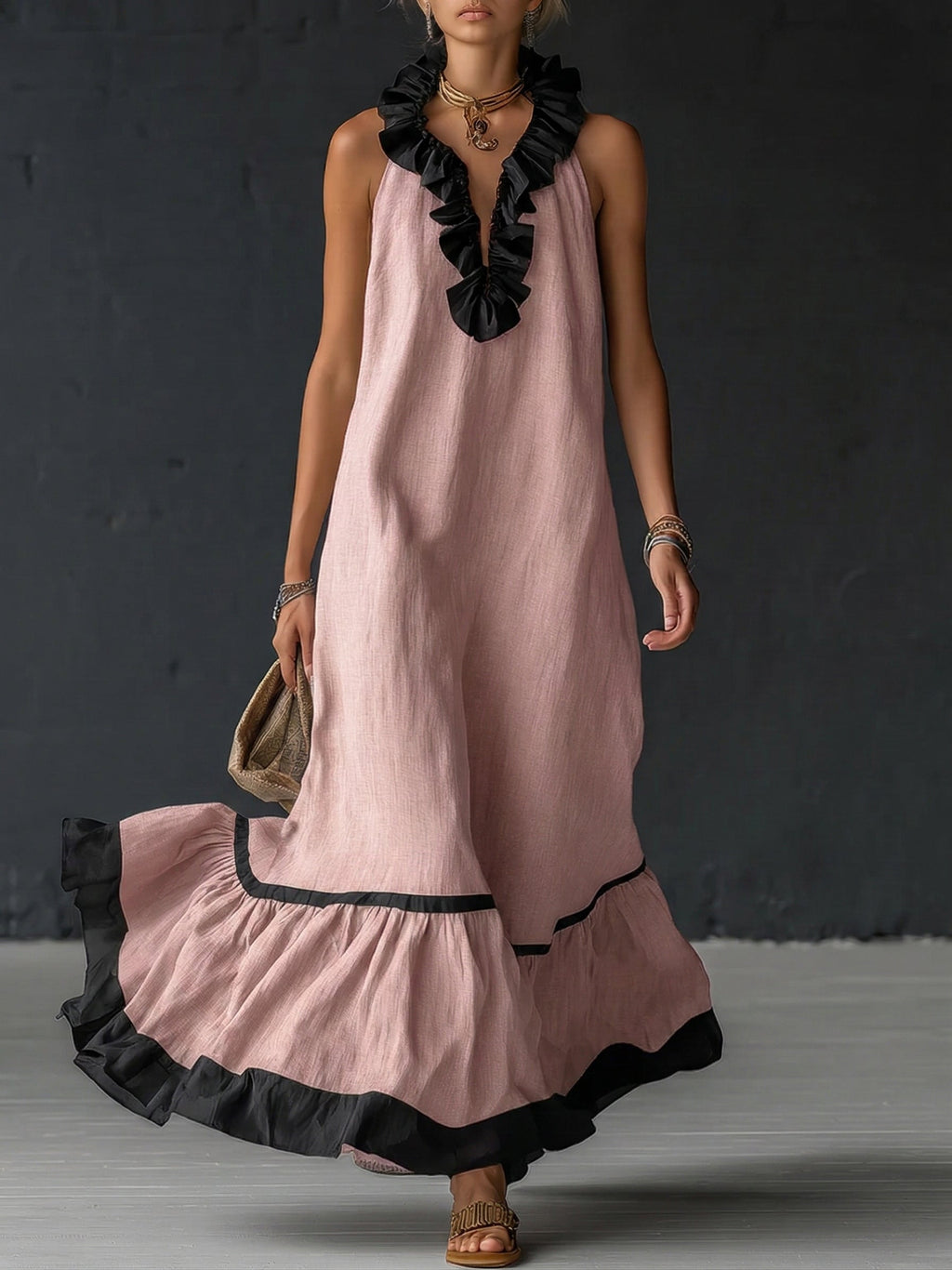 Robe maxi sans manches pour femmes avec poches et ourlet à volants