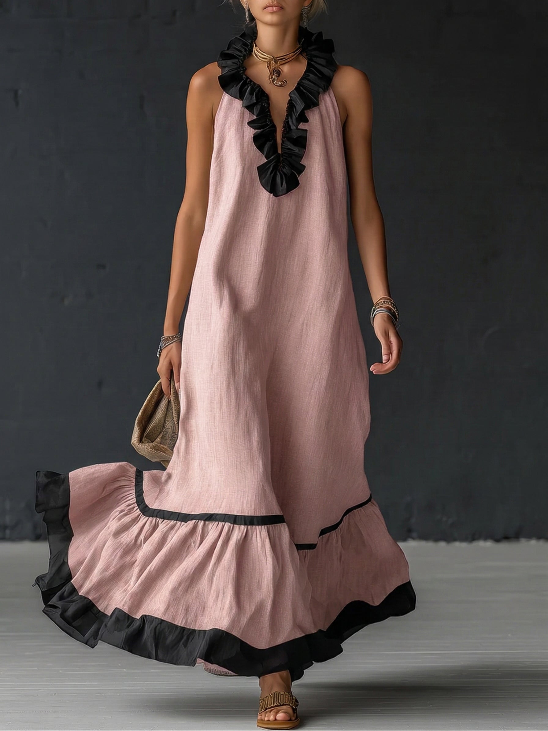 Robe maxi sans manches pour femmes avec poches et ourlet à volants