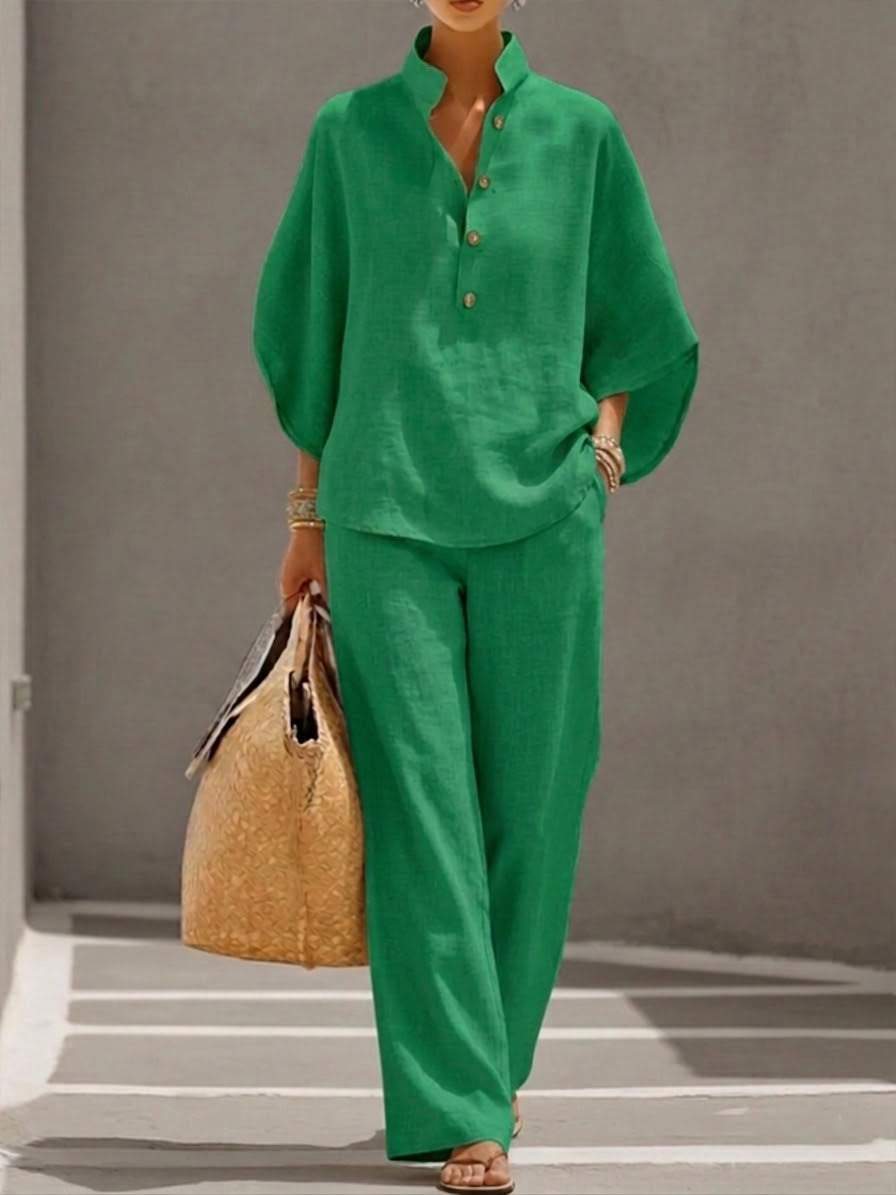Ensemble femme coton-lin avec haut ample et pantalon large