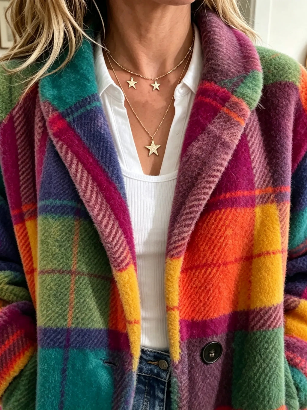 Manteau pour femmes avec poches et boutons, motif à carreaux, manches longues
