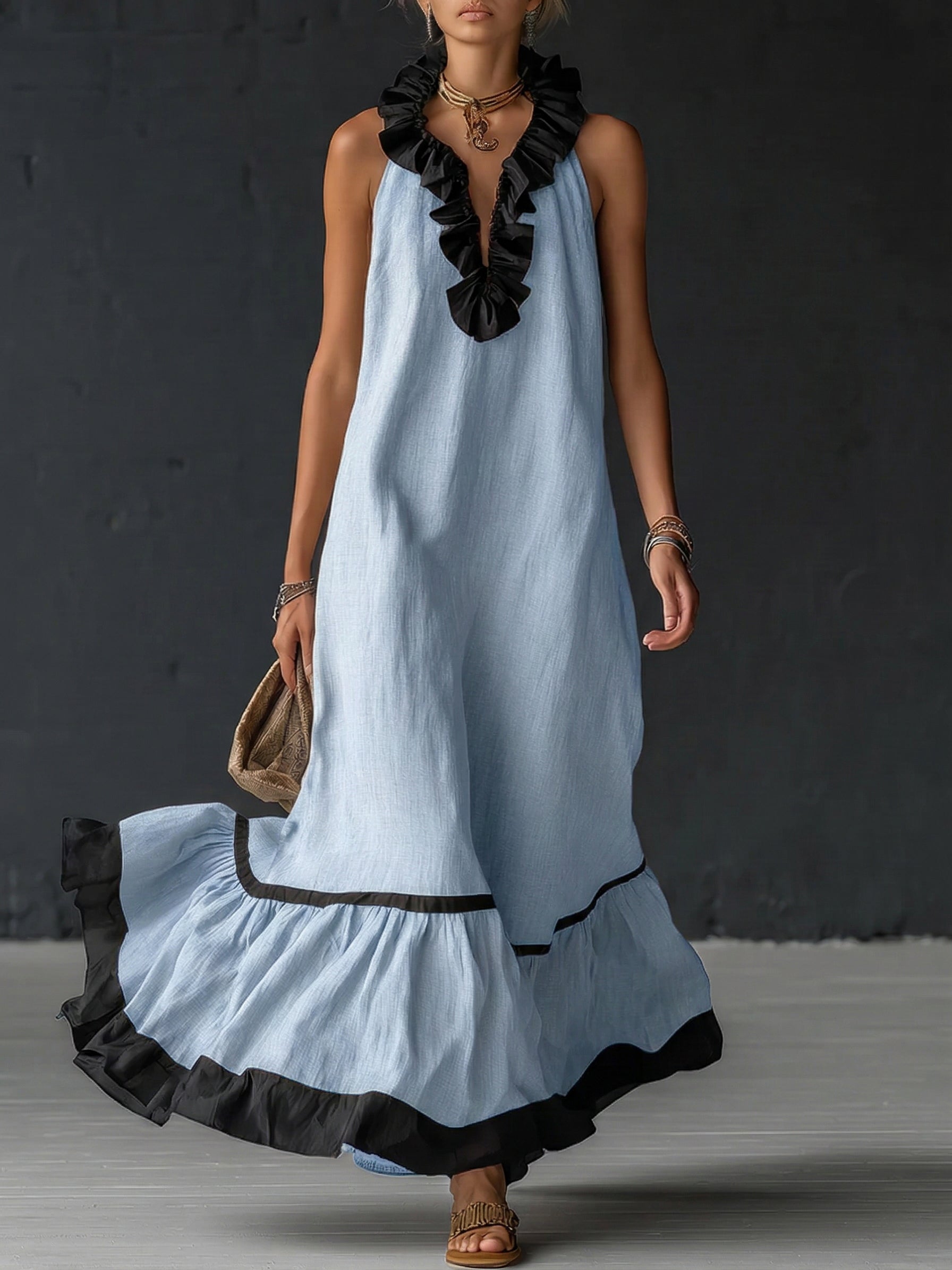 Robe maxi sans manches pour femmes avec poches et ourlet à volants