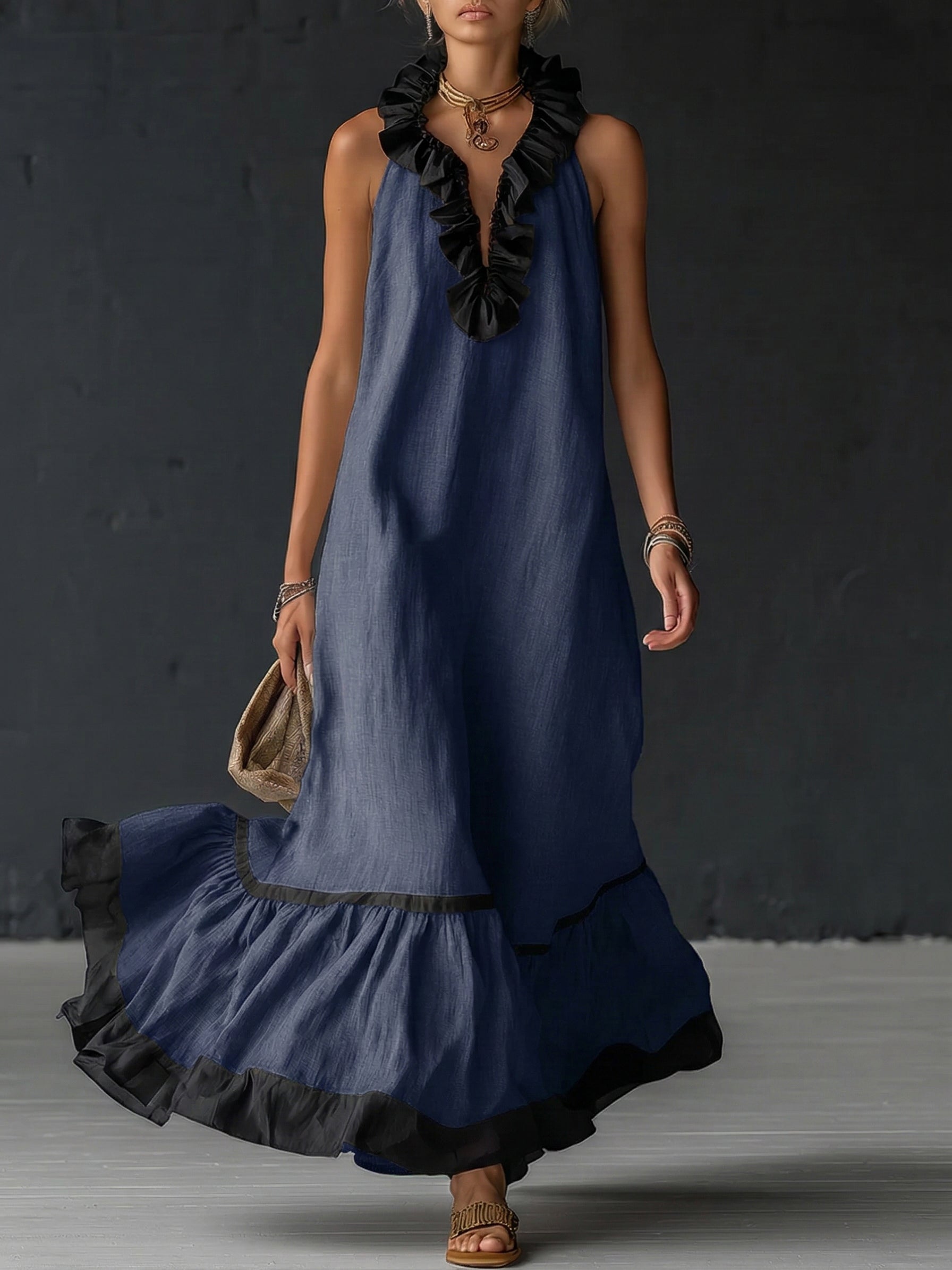 Robe maxi sans manches pour femmes avec poches et ourlet à volants