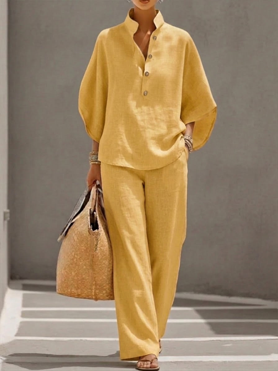 Ensemble femme coton-lin avec haut ample et pantalon large