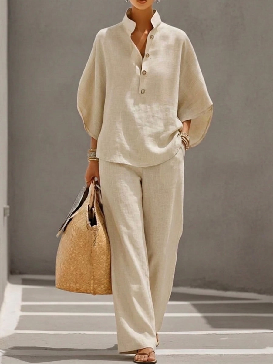 Ensemble femme coton-lin avec haut ample et pantalon large