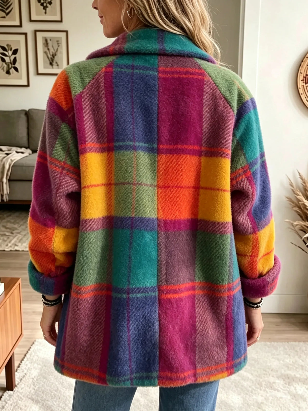 Manteau pour femmes avec poches et boutons, motif à carreaux, manches longues