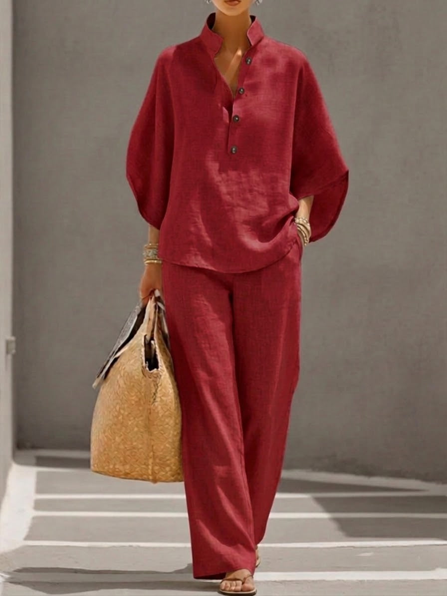 Ensemble femme coton-lin avec haut ample et pantalon large
