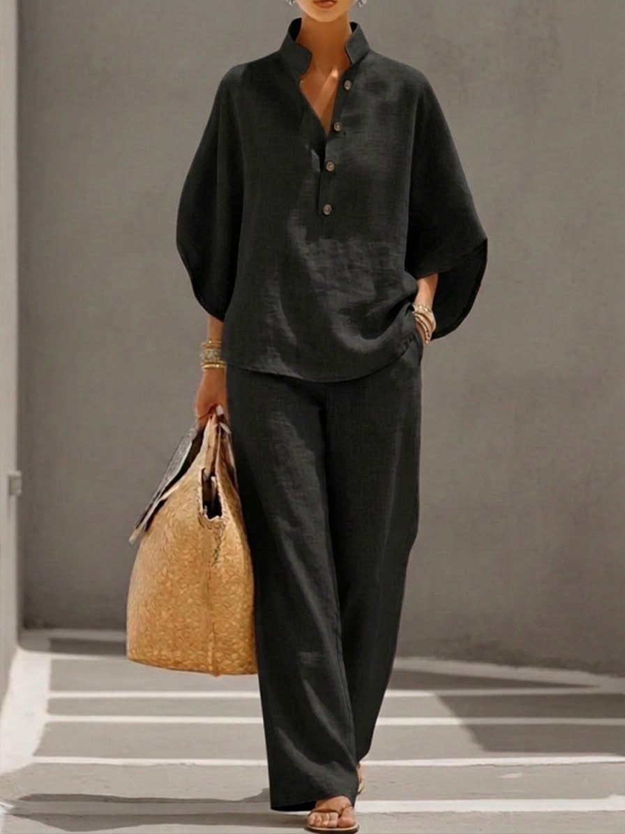 Ensemble femme coton-lin avec haut ample et pantalon large