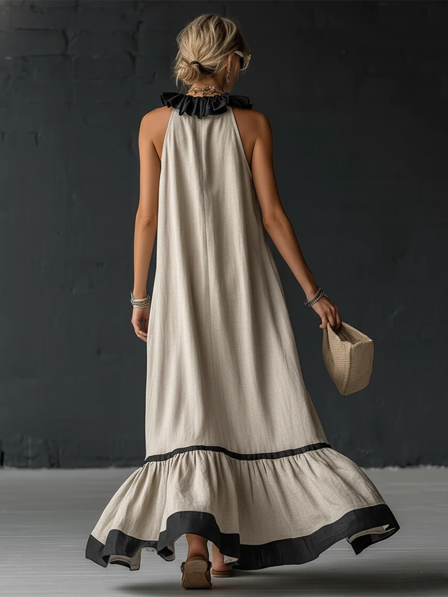 Robe maxi sans manches pour femmes avec poches et ourlet à volants