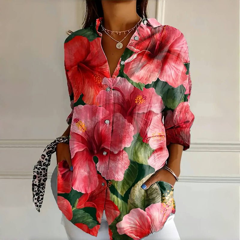 Amelia | Blouse Florale Grande Taille Boutonnée à Manches Longues Coupe Relaxée