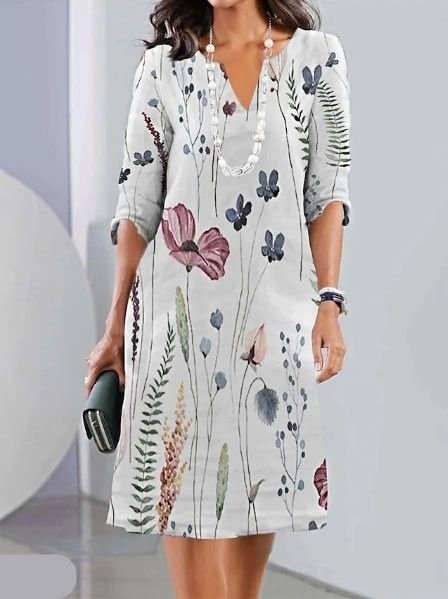 Isabella | Robe Florale Grande Taille Col V à Manches Courtes Midi A-Line