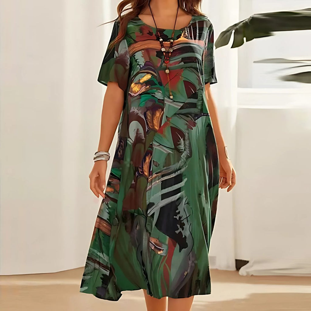 Luna | Robe Maxi Grande Taille à Manches Courtes Imprimé Abstrait Décontractée