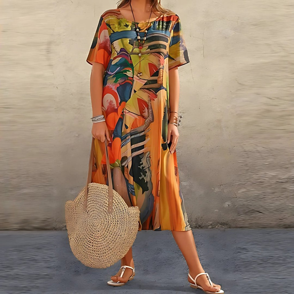 Luna | Robe Maxi Grande Taille à Manches Courtes Imprimé Abstrait Décontractée