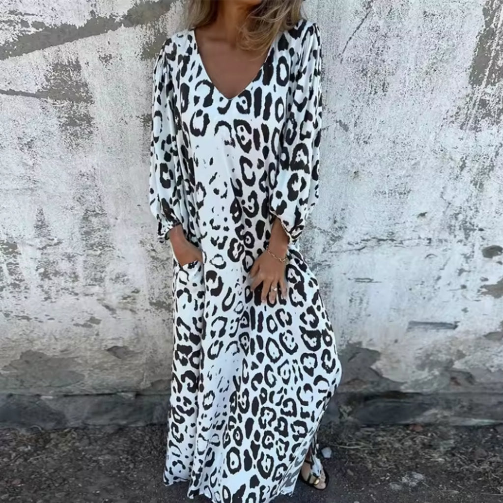 Aria | Robe Maxi Grande Taille V-Cou Manches Longues Imprimé Léopard Décontractée