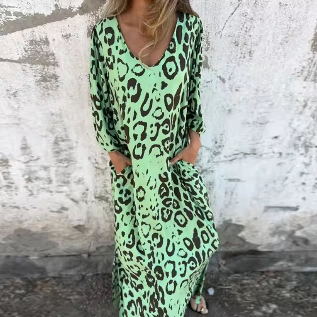 Aria | Robe Maxi Grande Taille V-Cou Manches Longues Imprimé Léopard Décontractée