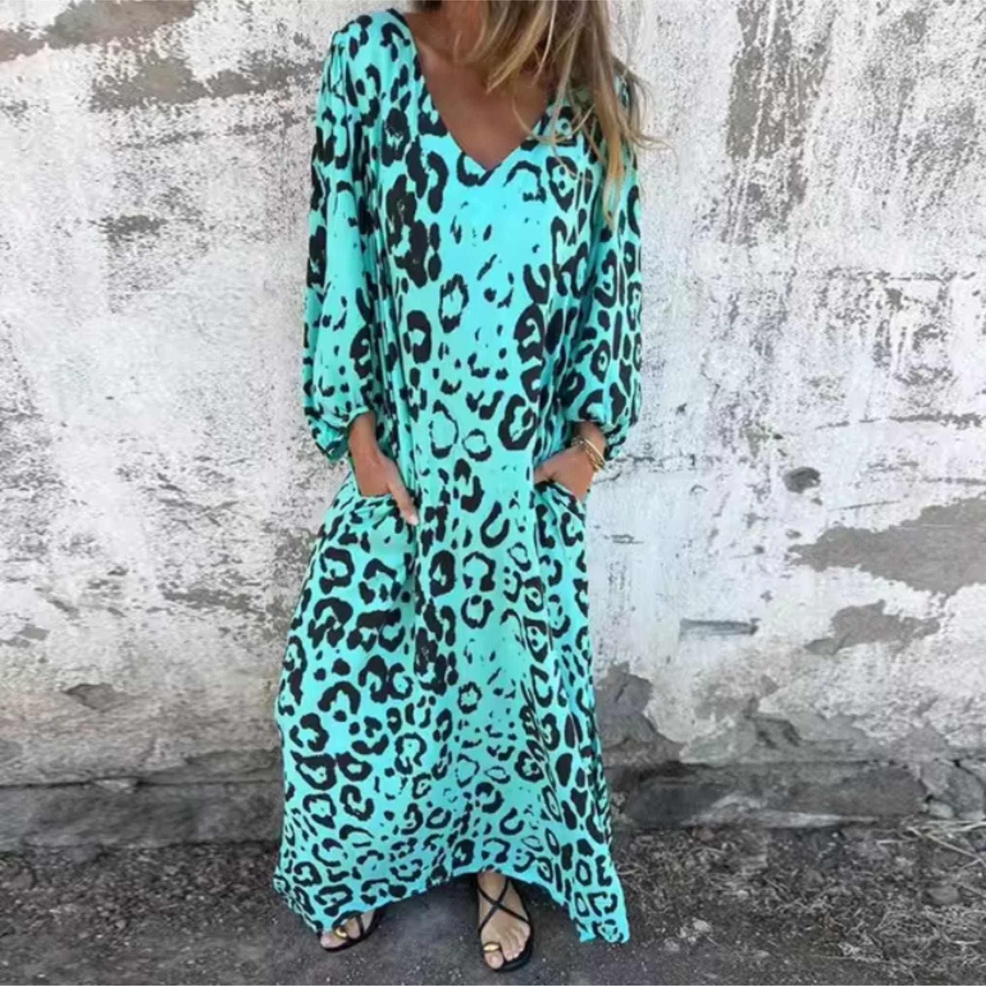 Aria | Robe Maxi Grande Taille V-Cou Manches Longues Imprimé Léopard Décontractée
