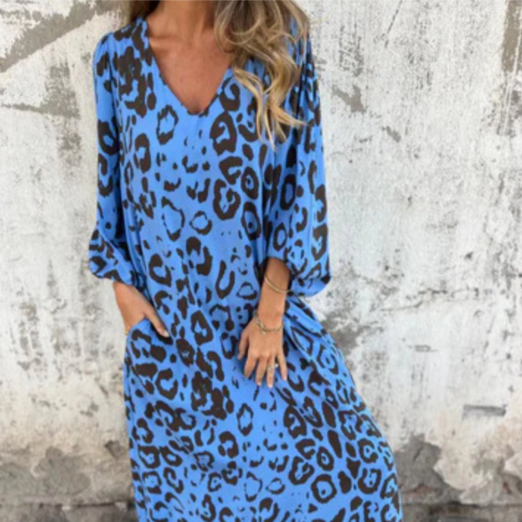 Aria | Robe Maxi Grande Taille V-Cou Manches Longues Imprimé Léopard Décontractée