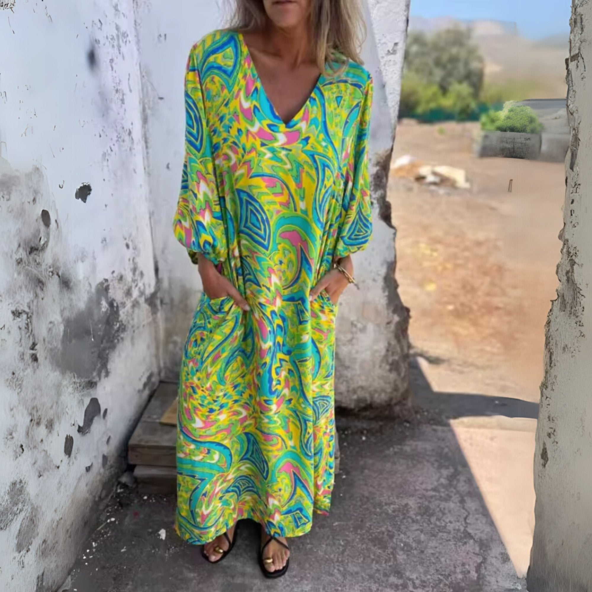 Aria | Robe Maxi Grande Taille V-Cou Manches Longues Imprimé Léopard Décontractée