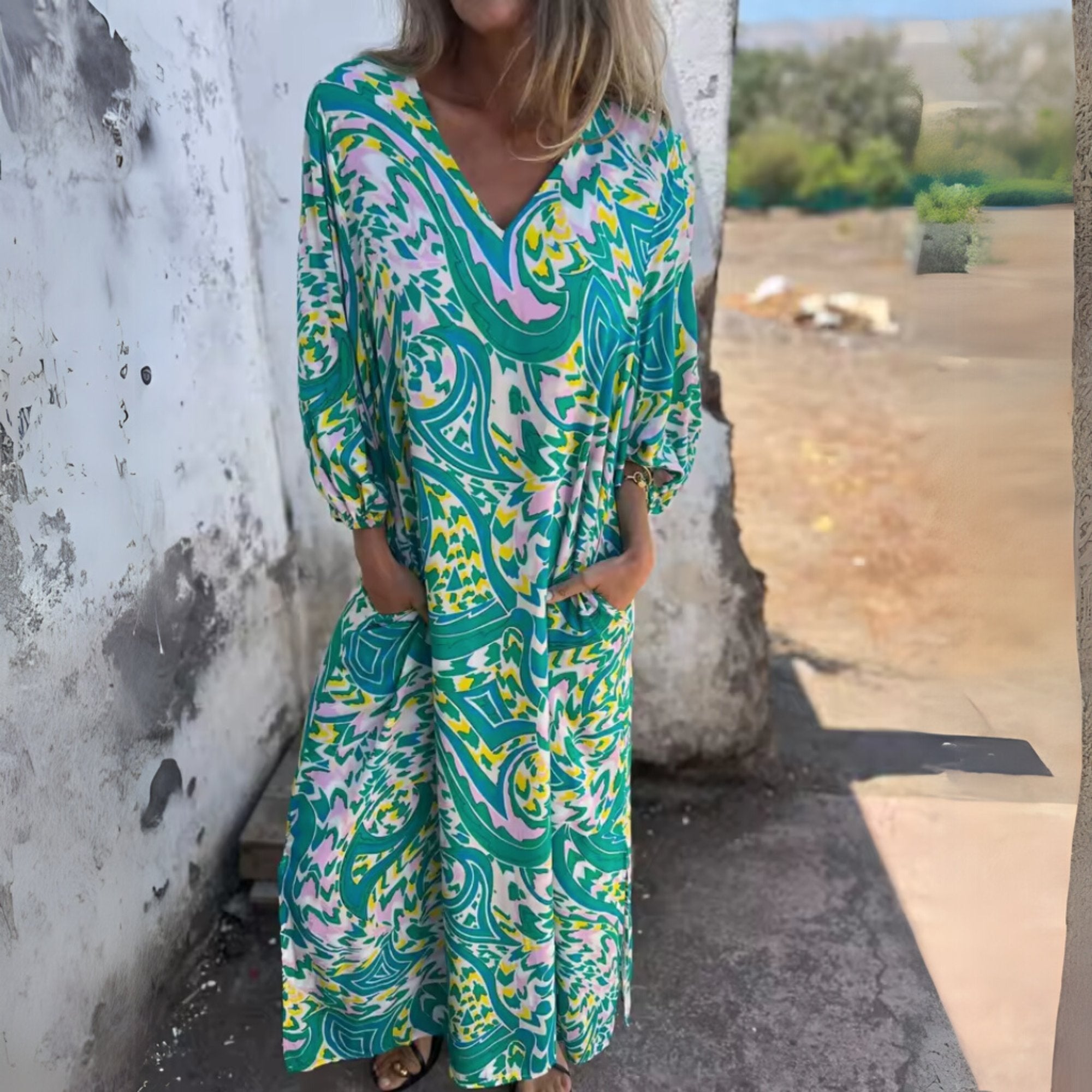 Aria | Robe Maxi Grande Taille V-Cou Manches Longues Imprimé Léopard Décontractée