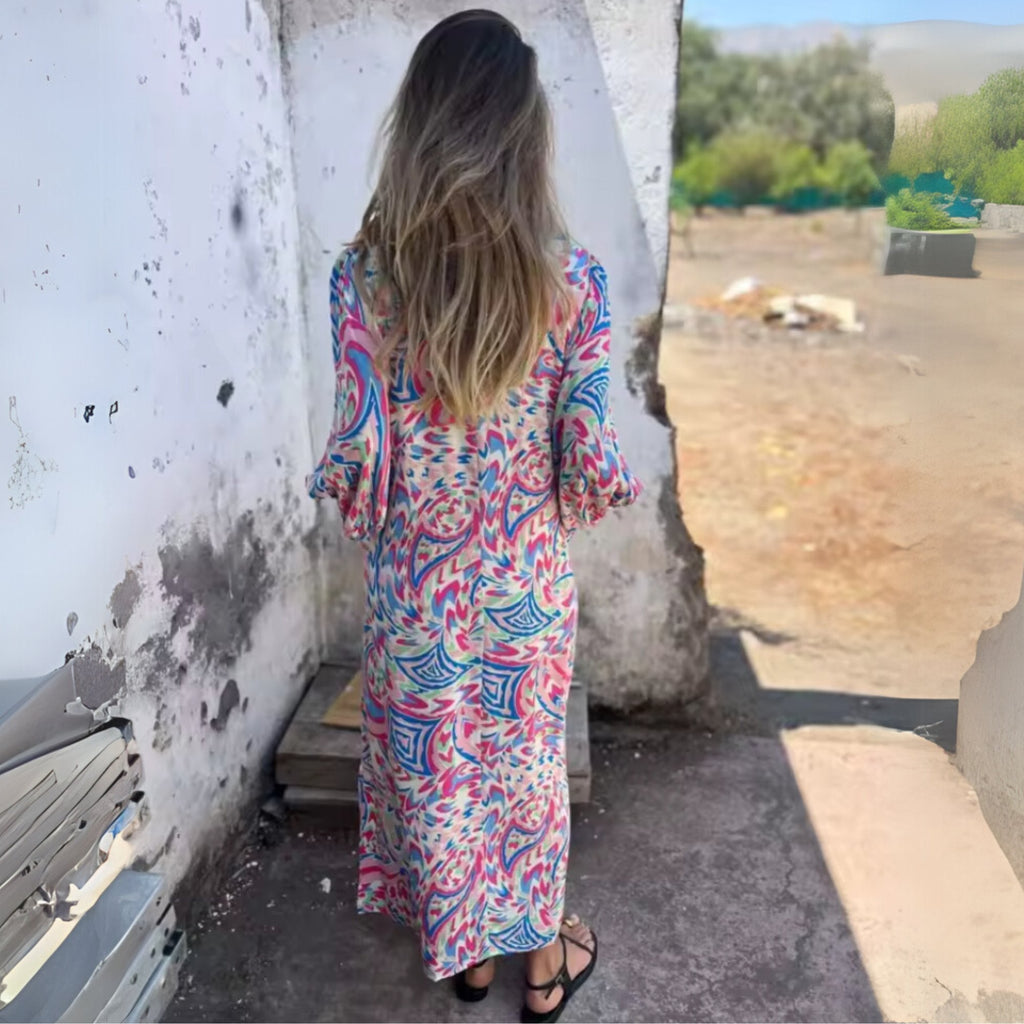 Aria | Robe Maxi Grande Taille V-Cou Manches Longues Imprimé Léopard Décontractée