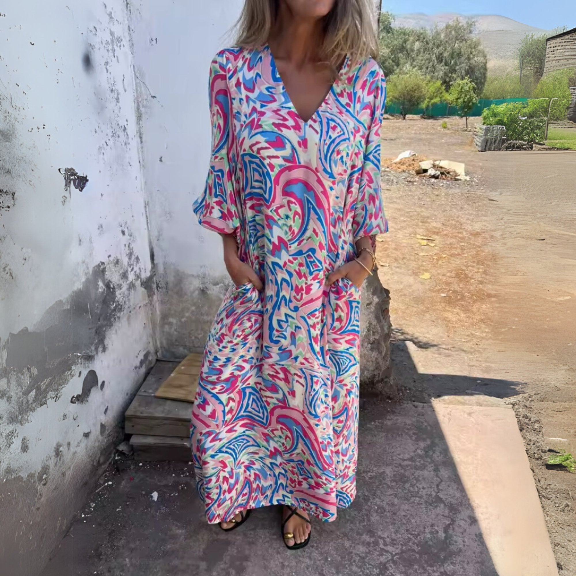 Aria | Robe Maxi Grande Taille V-Cou Manches Longues Imprimé Léopard Décontractée