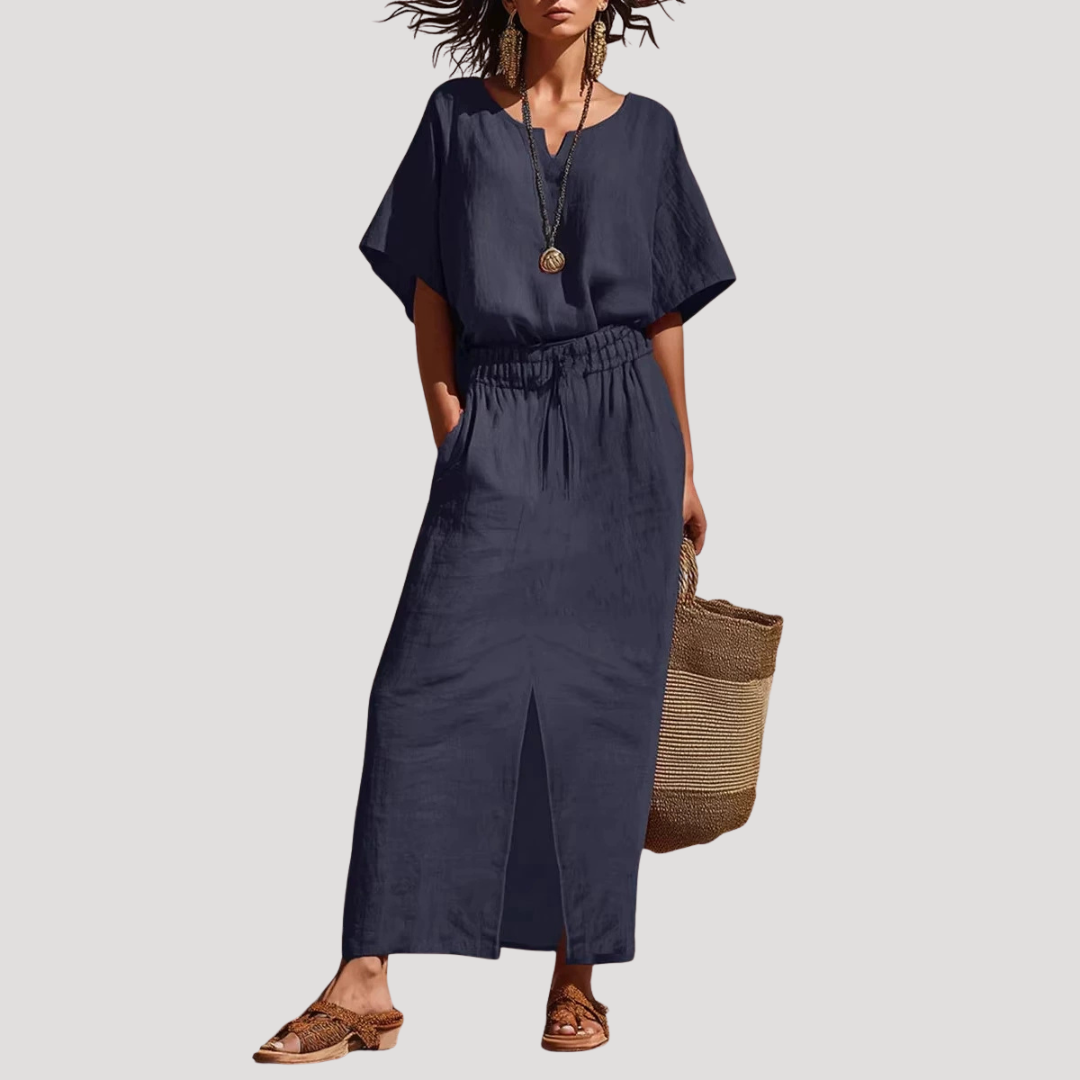 Raina | Ensemble Midi Deux Pièces à Manches Courtes et Col en V pour Femme