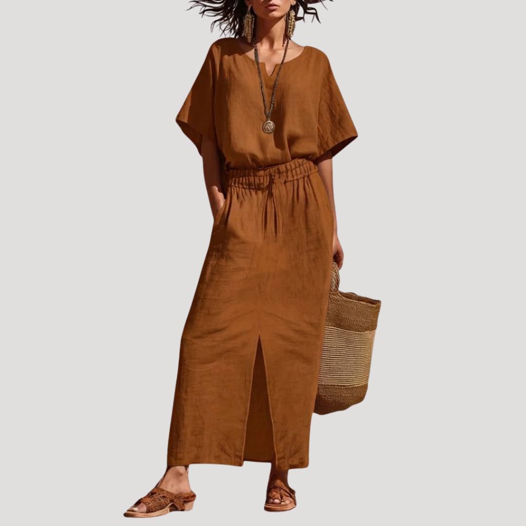 Raina | Ensemble Midi à Deux Pièces à Manches Courtes et Col en V pour Femmes