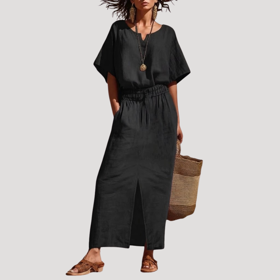 Raina | Ensemble Midi Deux Pièces à Manches Courtes et Col en V pour Femme