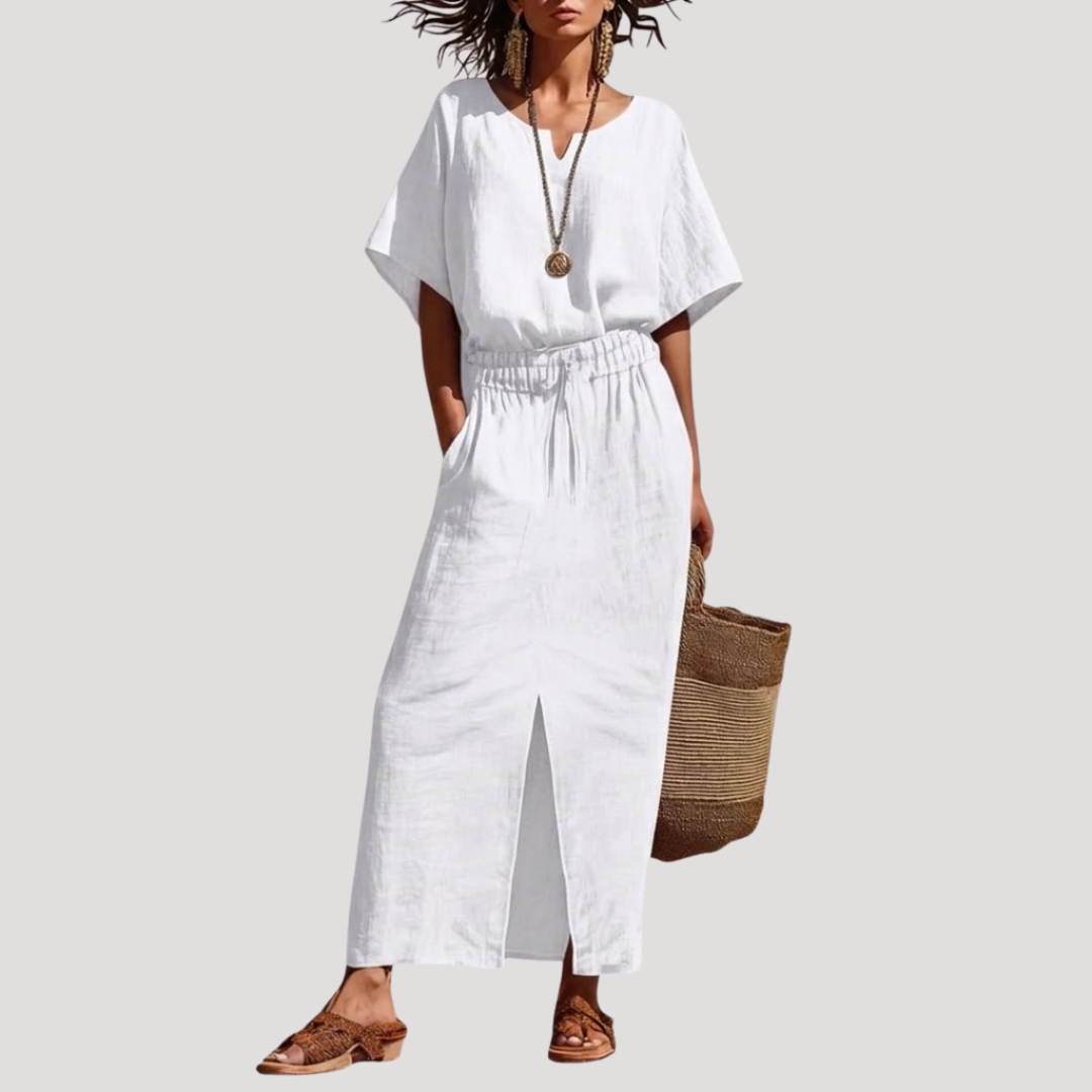 Raina | Ensemble Midi à Deux Pièces à Manches Courtes et Col en V pour Femmes