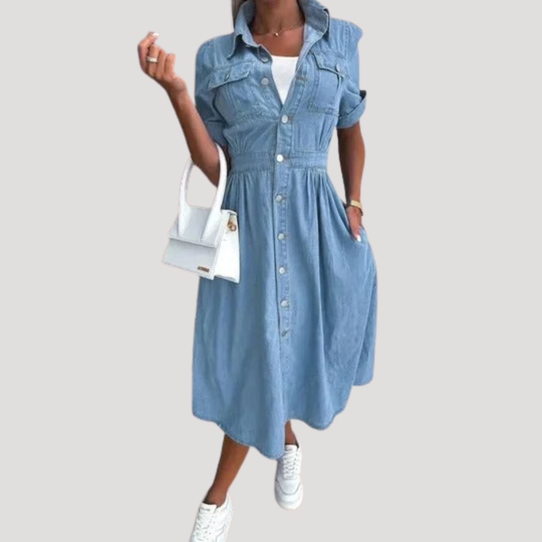 Renata | Robe Midi à Manches Courtes Boutonnée pour Femme