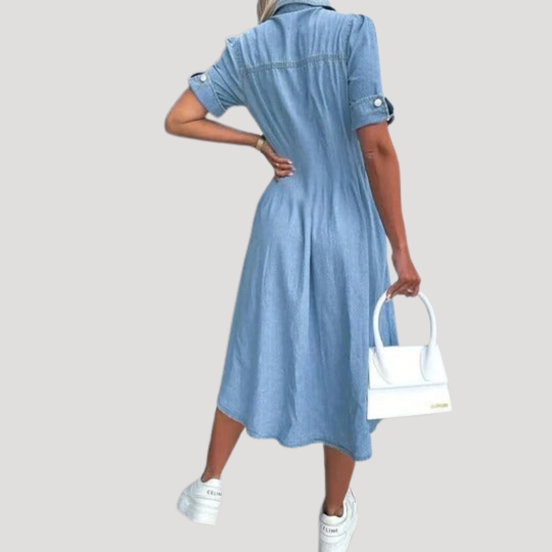 Renata | Robe Midi à Manches Courtes Boutonnée pour Femme