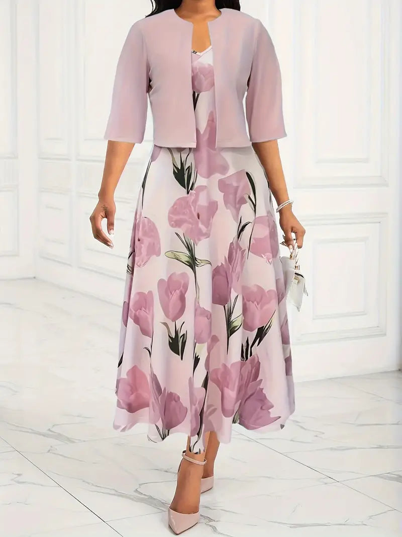 Robe Maxi Femme avec Ensemble Veste | Floral Rose