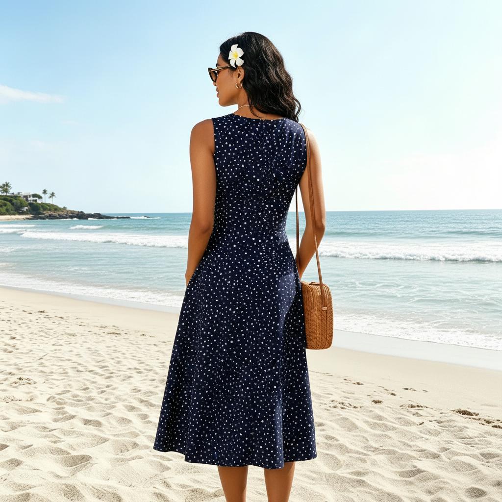 Robe Midi Évasée à Pois et Col Rond