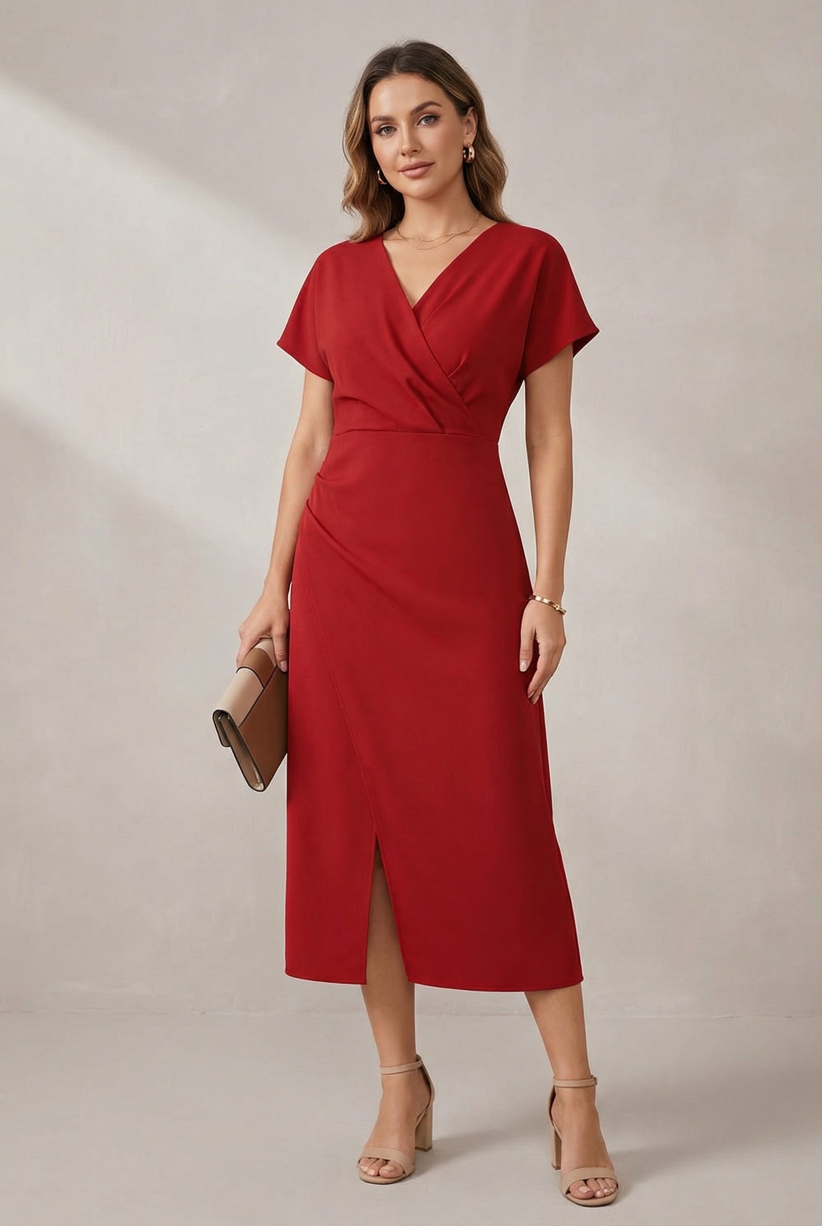 Robe Midi à Manches Courtes en Imprimé Faux avec Fente Latérale
