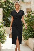 Robe Midi à Manches Courtes en Imprimé Faux avec Fente Latérale