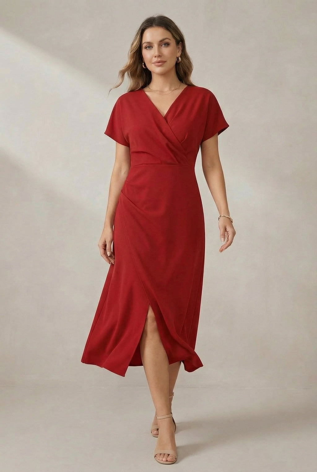 Robe Midi à Manches Courtes en Imprimé Faux avec Fente Latérale