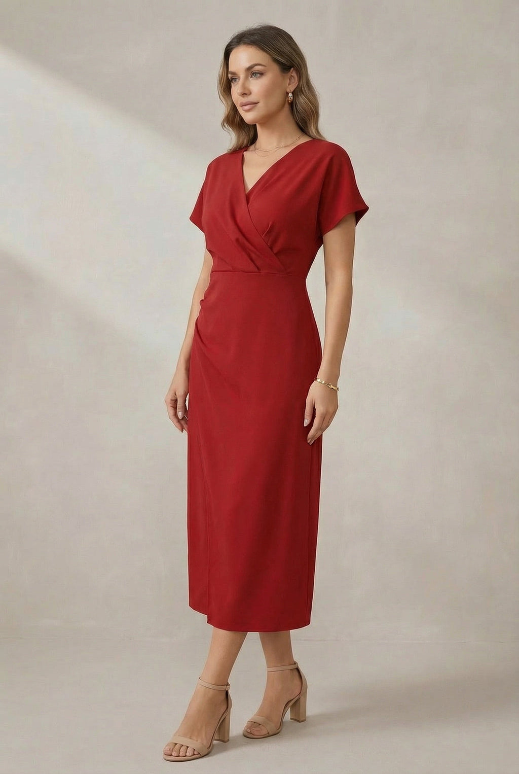 Robe Midi à Manches Courtes en Imprimé Faux avec Fente Latérale