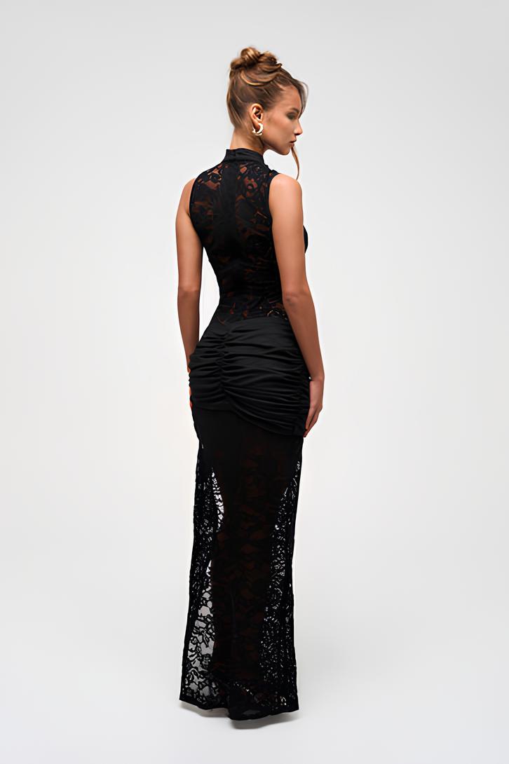 Robe Maxi Évasée Sans Manches en Dentelle avec Fente