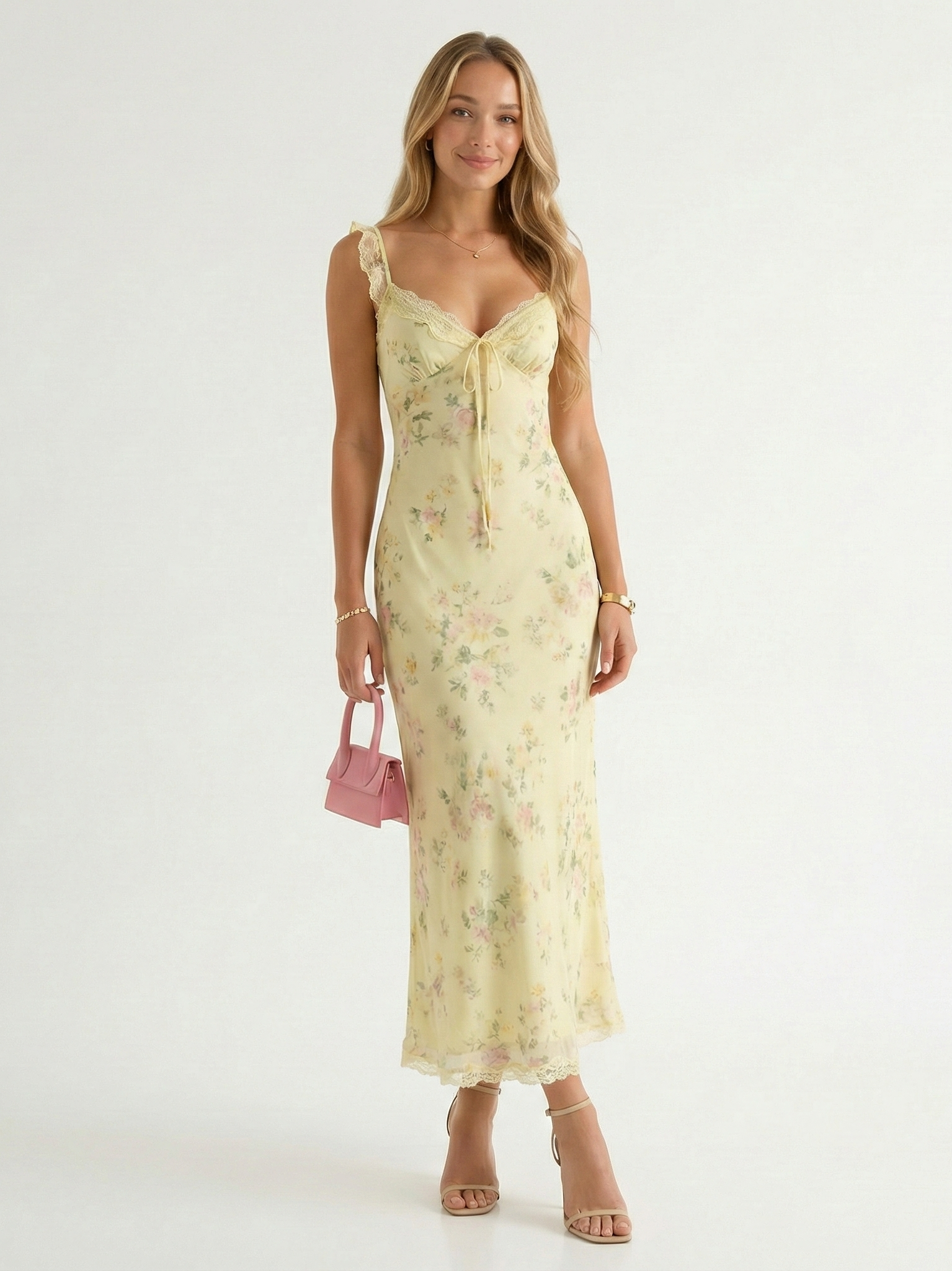 Robe de plage midi à bretelles spaghetti et imprimé floral, dos nu et décolleté en V